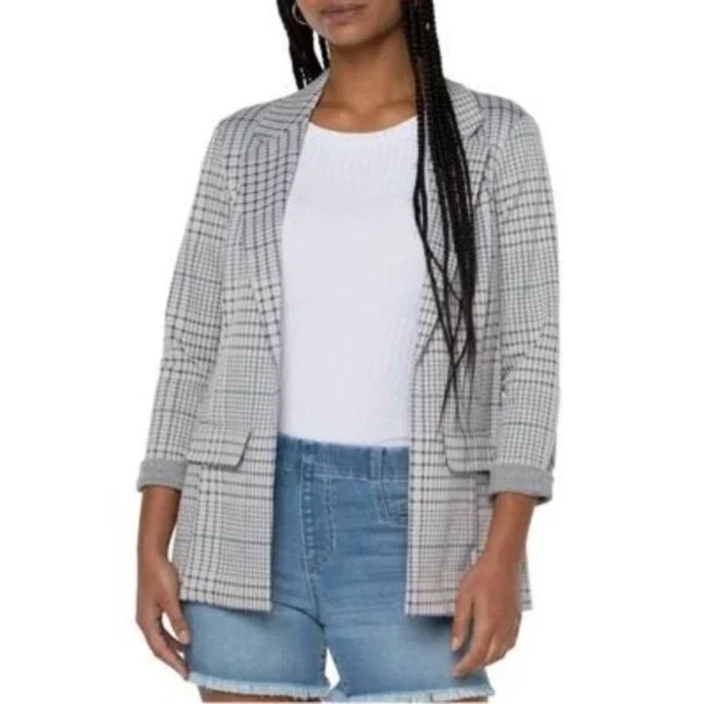 Liverpool Glen Plaid Boyfriend Open Front Blazer in Soft Sand/Gray 2x